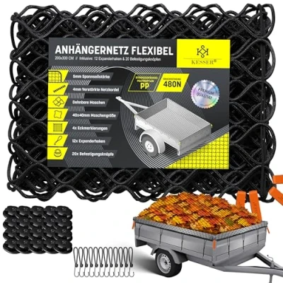 Afbeelding van KESSER® Aanhangernet, 2 x 3 m, rekbaar, fijnmazig, ophangnet met trekkoord en netkoord voor het vastzetten van de lading, elastisch veiligheidsnet, markeringen