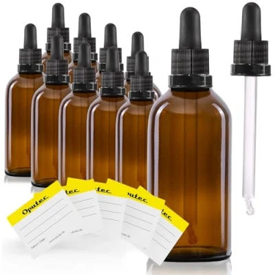 Afbeelding van Oputec 10 stuks pipetflessen van bruin glas met glazen pipet + etiketten, voor aromatherapie, cosmetica, lichtbeschermde druppelaar, farmaceutische toepassingen en