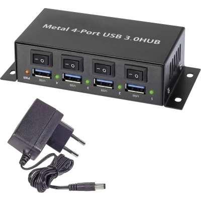 Afbeelding van Renkforce RF 3955362 USB 3.2 Gen 1 hub 4 poorten Met metalen behuizing, Individueel schakelbaar, Voor wandmontage Zwart