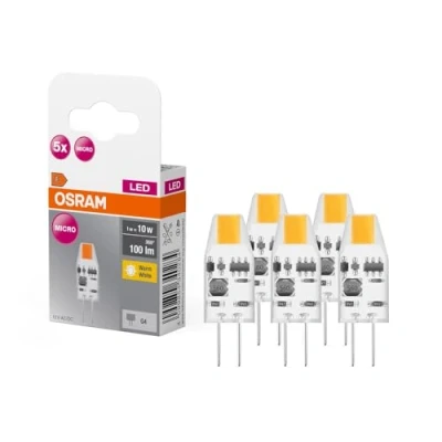 Image de OSRAM LED BASE PIN MICRO, pack avantage de 5 lampes basse tension, remplace les spéciales 10W classiques, blanc chaud (2700K), 1W, G4, verre mat, non dimmable, ultra compact
