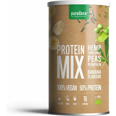 Afbeelding van Purasana Vegan Erwt Hennep Zonnebloem Pompoen Proteine Mix Banaan BIO 400 gr