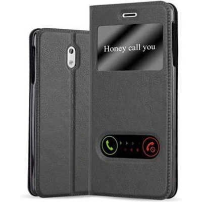 Afbeelding van Cadorabo Hoesje geschikt voor Nokia 3 2017 in KOMEET ZWART Beschermhoes met magnetische sluiting, standfunctie en 2 kijkvensters Book Case Cover Etui