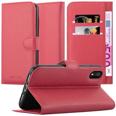 Afbeelding van Cadorabo Hoesje geschikt voor Apple iPhone XR in KARMIJN ROOD Beschermhoes met magnetische sluiting, standfunctie en kaartvakje Book Case Cover Etui