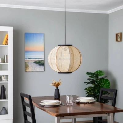 Afbeelding van Lindby hanglamp 1licht Linnen, ijzer E27 licht hout, zwart