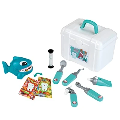 Afbeelding van Klein Toys tandartskoffer incl. speelgoedinstrumenten en oefenhaai met tanden die dringend moeten worden behandeld blauw wit