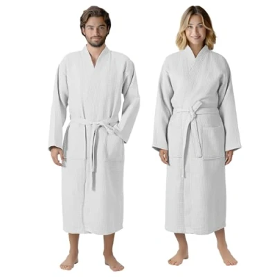 Afbeelding van HOMELEVEL Piqué Badjas Reizen 100% katoen voor Vrouwen en Mannen aankleden toga Kimono Saunarobe Piquee Wafel Wit Maat 5XL