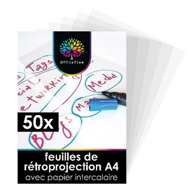 Afbeelding van OfficeTree OHP folie, 50 vellen overheadfolie, A4, glashelder, folie voor laserprinters, ook geschikt als kopieerfolie, projectorfolie of printerfolie,