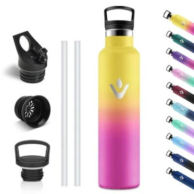 Afbeelding van Vikastar 1 liter roestvrijstalen thermosfles, BPA vrij, met rietje, voor school, sport, fietsen, kamperen, geel en roze