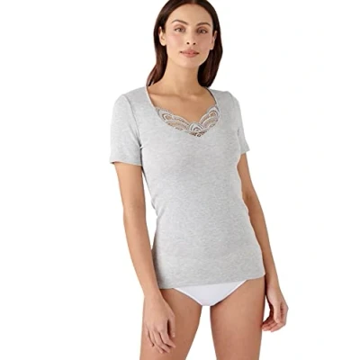 Afbeelding van Damart T shirt met korte mouwen fijn geribd guipure Thermolactyl Vrouwen Grijs 54 56 (XXL)