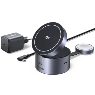 Afbeelding van UGREEN MagFlow 3 in 1 Qi2 15W inductielader voor iPhone, gecertificeerd, opvouwbaar, compatibel met MagSafe iPhone 16 Plus Pro Max 15 14 AirPods 4 2 iWatch draadloze oplader, magnetisch, stekker