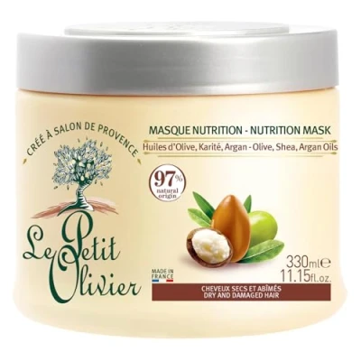 Image de LE PETIT OLIVIER Masque Soin Nutrition Huiles D&#039;Olive, Karité, Argan Démêle, Nourrit &amp; Répare Cheveux Secs et Abîmés Sans Silicone Fabriqué en France 330 ml