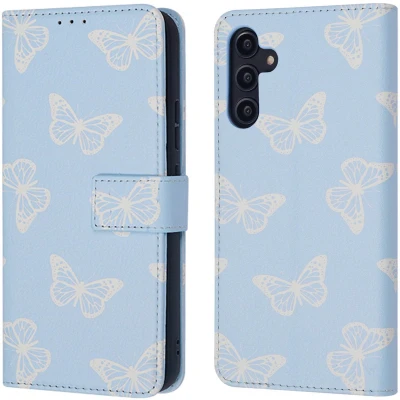 Afbeelding van iMoshion Hoesje Geschikt voor Samsung Galaxy A14 (5G) / (4G) Met Pasjeshouder Design Bookcase smartphone Blauw Blue Flowers