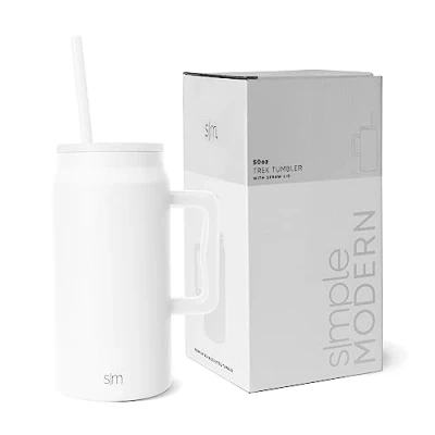 Afbeelding van Simple Modern, 1400 ml, met handvat en rietjesdeksel, Herbruikbare isothermische waterfles van roestvrij staal, Reisbeker voor ijskoffie, Valentijnscadeau hem haar, Trek Collection, winterwit
