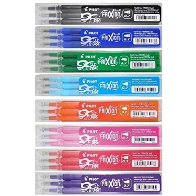 Afbeelding van Pilot Set van 8 navulsets voor Frixion uitwisbare rollerbalpen, 1 elke kleur, zwart, oranje, blauw, groen, paars, roze, lichtblauw en rood BLS FR7