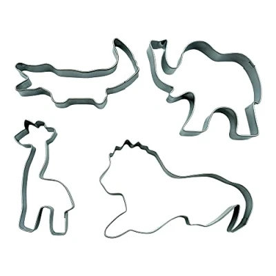 Afbeelding van BekkiB 880604 Set van 4 uitsteekvormpjes &quot;Dieren&quot; leeuw, olifant, giraf, krokodil, roestvrij staal in de vorm exotische dieren uit dierentuin
