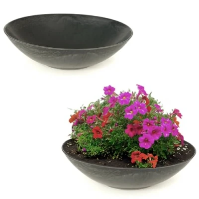 Afbeelding van matches21 Set van 2 grote bloempotten in zwart gemarmerd voor buiten, 35 cm borden, bloemen, bonsai, begraafplaats