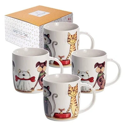 Afbeelding van Koffiemokken Set van 4 Met Hond en Katten Motief Cadeau voor Hondenliefhebbers Kattenliefhebbers