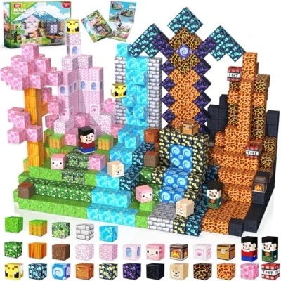 Afbeelding van GraceDuck magnetische blokken, 200 stuks, constructie, donker bos en roze kasteel, educatief spel STEM 3 9 jaar, kubus voor jongens meisjes, Montessori speelgoed, paascadeau
