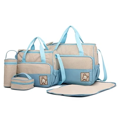 Afbeelding van Miss Lulu 5 stuks Baby Multifunctionele Luiertassen Set Luier Messenger Ziekenhuis Zwangerschap Polyester Tas met Stippen Print, Blauw, L, Blauw