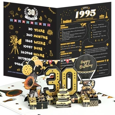 Afbeelding van Joyoldelf Verjaardagskaart 30 jaar 1995 3D pop up wenskaart met envelop, vintage verjaardagscadeau voor mannen en vrouwen