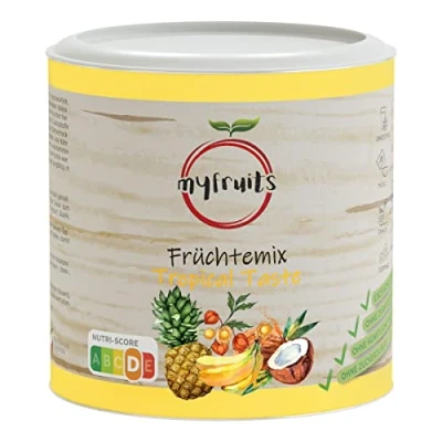 Afbeelding van myfruits® Vriesdroogd ananasvruchtmengsel bananenschijven, hele fysalis en gedroogde kokosnootlinten, 100% natuurlijke smaak, zonder suiker (100 g)
