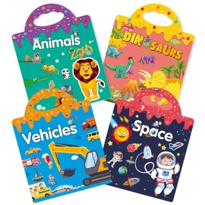 Afbeelding van GUYUCOM 4 herbruikbare stickerboeken, speelgoed voor kinderen van 2, 3, jaar, jongens en meisjes, peuters, transparante 3D ruimtevoertuigen, dinosaurus stickerboeken