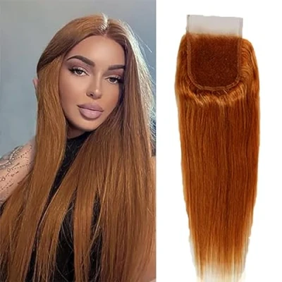 Image de Tuheerst Straight Human Hair Closure 4X4 Lace Real #30 Brown Remy Pre Bleached Knots Plucked with Baby Free Part Low Shedding for Woman 12 Inch
