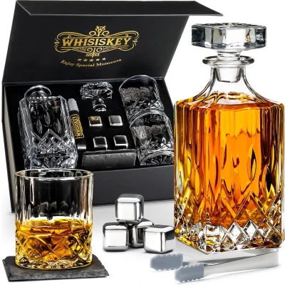 Afbeelding van Whisiskey Whiskey Karaf Klassiek Glazen Luxe Set 0,7 L Decanteer Whisky Incl. 2 Tumbler Glazen, 4 RVS Stones Peaky Blinders