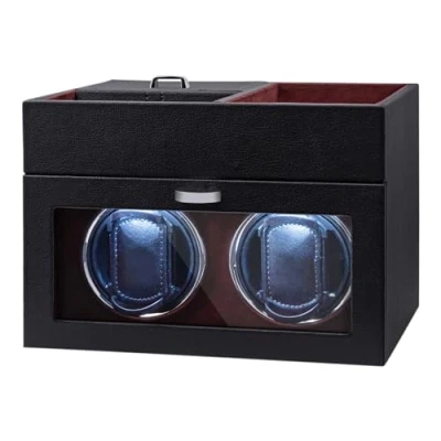 Afbeelding van Mcbazel Multifunctionele horlogestandaard voor 2 horloges, automatisch display, led licht, sieradenopbergdoos, met stille motor, 1 draaimodus, wijnrood, Zwart/Rood
