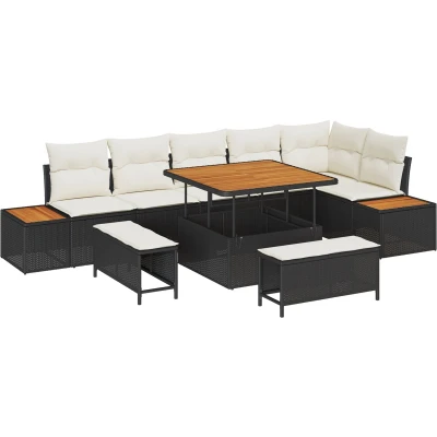 Afbeelding van vidaXL 9 delige tuinset met kussens zwart poly rattan acacia