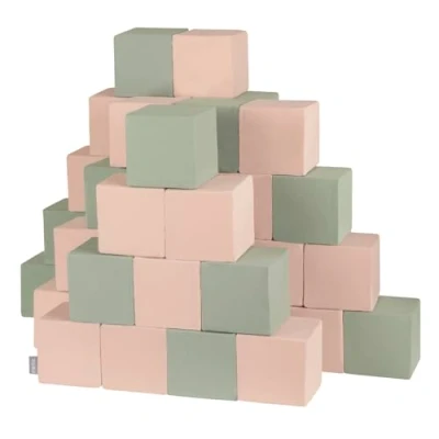 Afbeelding van KiddyMoon Lot de 48 cubes en mousse pour bébé Jouet Montessori avec et amusement les enfants, fabriqué dans l&#039;UE, blocs : sauge beige