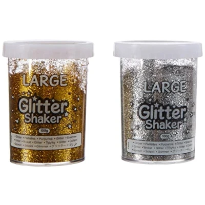 Afbeelding van Baker Ross Set van 2 grote gouden en zilveren glitterpotten om kinderen te knutselen glittercontainers, perfect voor in klaslokalen,