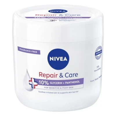 Afbeelding van NIVEA Lichaamscrème Repair &amp; Care 400 ml, veelzijdige crème zonder parfum voor de gevoelige en geïrriteerde huid, snel absorberende lichaamscrème, gezicht handen verrijkt met panthenol glycerine