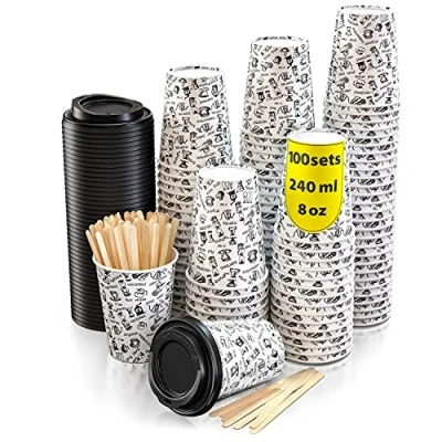 Afbeelding van CupCup 100 stuks 240 ml papieren bekers met deksel en houten roerstaafjes, koffiebekers om mee te nemen voor het serveren van koffie, thee, warme koude dranken