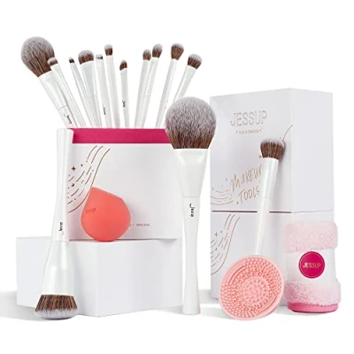 Afbeelding van Jessup 14 delige premium make upkwastenset, inclusief foundation, concealer, blush, oogcontourpoeder, upspons, upkwastenreiniger en