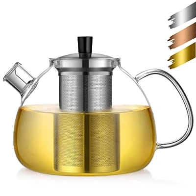 Afbeelding van ecooe Originele 1500 ml zilveren theepot van glas borosilicaatglas theemaker met afneembare 18/8 roestvrijstalen zeef, roestvrij, hittebestendig, voor zwarte thee, groene fruitthee, geurende theezakjes