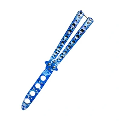 Afbeelding van Butterfly trainingsmes met flesopener, 100% veilig, metalen lemmet, veilig en metaal mes, voor Balisong training in regenboogdesign