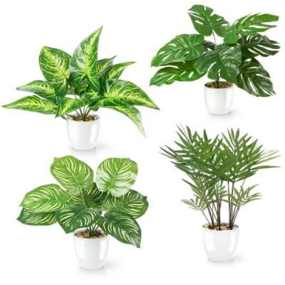 Afbeelding van PASCH® Set van 4 kunstmatige tropische planten zoals echte (25 cm) in witte keramische potten: o.a. monstera en areca kunstpalm,
