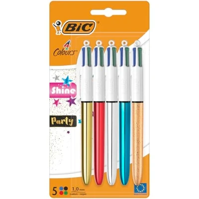 Image de BIC 4 Couleurs Shine et Party Rétractables à Pointe Moyenne (1,0 mm) en argenté, doré, rouge, bleu doré givré métallisés Lot de 5