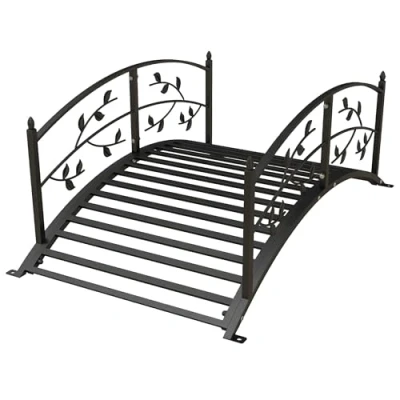 Afbeelding van Outsunny Tuinbrug Vijverbrug tuindecoratie dim. 119L x 67B 47H cm met leuning wijnstok motief staal zwart