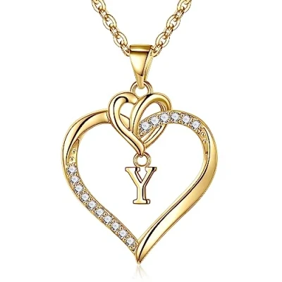 Afbeelding van TINGN hartvormige halsketting voor dames, zilver goud, 14 karaat witgoud verguld, initiaalketting met hanger, kubieke zirkonia, verjaardagscadeau vrouw, vriendin, moeder, Goud