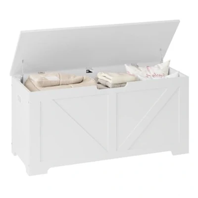 Afbeelding van WOLTU SH87ws Houten opbergbank met opbergruimte, 100 x 47 40 cm, schoenenbank zitting, 2 veiligheidsscharnieren, voor hal, slaapkamer, woonkamer, wit