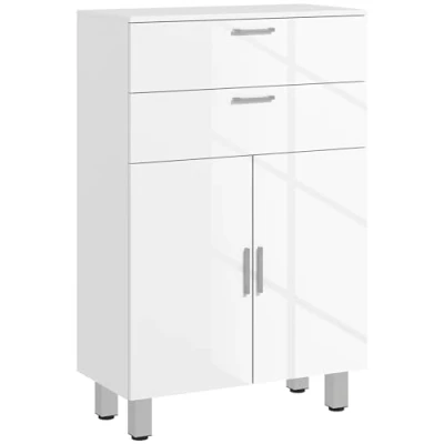 Afbeelding van kleankin Badkamermeubel, opbergkast met 2 laden, dubbele deurkast, verstelbare planken en verhoogde basis, badkamerkast, woonkamer, slaapkamer, 60 x 30 93 cm, wit glanzend