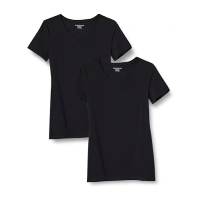 Image de Amazon Essentials Lot de 2 t shirts à manches courtes et col en V pour femme, coupe classique, noir, taille 3X