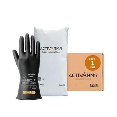Afbeelding van Ansell ActivArmr Diëlektrische handschoenen voor elektriciens, klasse 00 (spanning tot 500 V), bescherming elektrische werkzaamheden, latex isolerend rubber, 28 cm, zwart, maat L (1 paar)