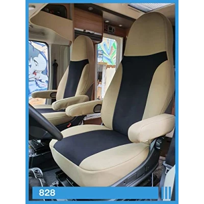 Afbeelding van BREMER SITZBEZÜGE Piloten stoelhoezenset compatibel met camper Ducato bestuurder en passagiers 828 in beige/zwart