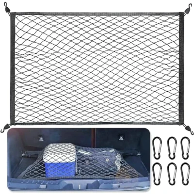 Afbeelding van opbergnet voor de kofferbak, originele maat, 80 x 60 cm, uittrekbaar tot 160 120 bagage, met 6 karabijnhaken, 4 haken, elastische versterking