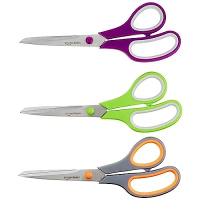 Image de Amazon Basics Lot de 3 paires ciseaux bureau multifonction avec poignée confort, revêtement en PVD, lames acier inoxydable Multicolore