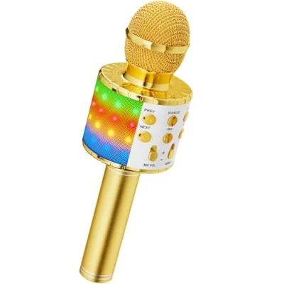 Afbeelding van Ankuka Draadloze Karaoke Microfoon, Micro Kind met LED Dansverlichting, Bluetooth Microfoon voor Kinderen Meisje Jongen Party Zingen Kerst Verjaardag Cadeau Idee, Goud