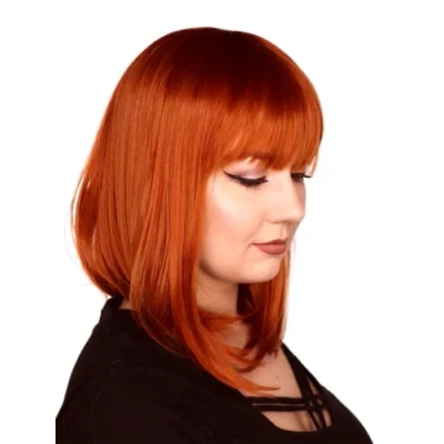 Afbeelding van Prettyland Roodoranje pruik voor dames, middellang, natuurlijk haar, mat, vierkant, pony, Bob C945